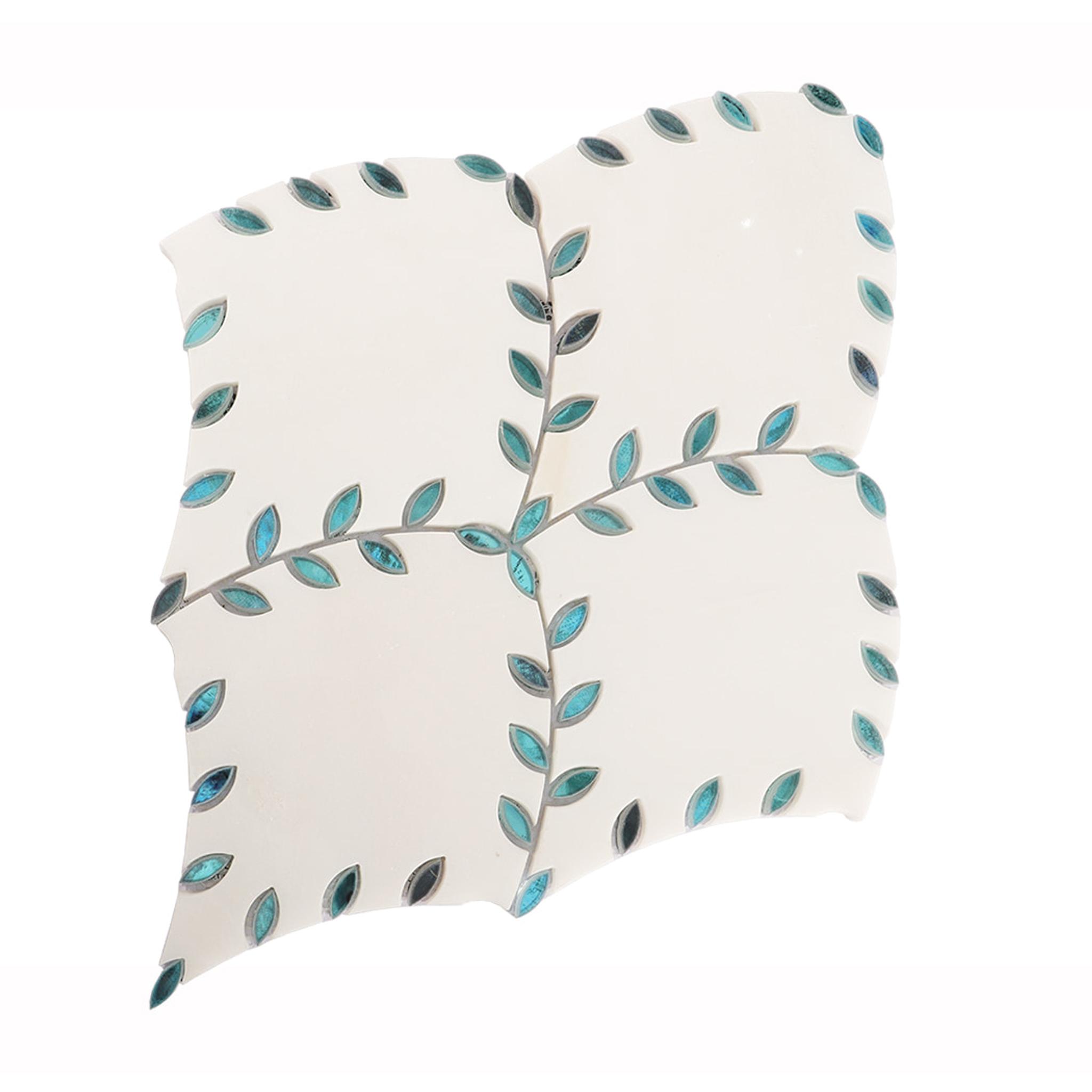 White Marble with Blue Glass Leaf Shaped Waterjet Mosaic Tile — mosaic hoa văn waterjet bằng đá marble trắng & xanh dương