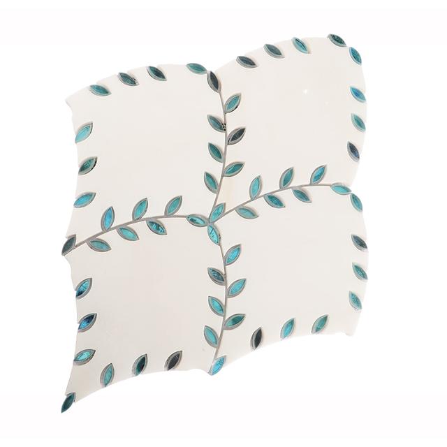 White Marble with Blue Glass Leaf Shaped Waterjet Mosaic Tile — mosaic hoa văn waterjet bằng đá marble trắng & xanh dương