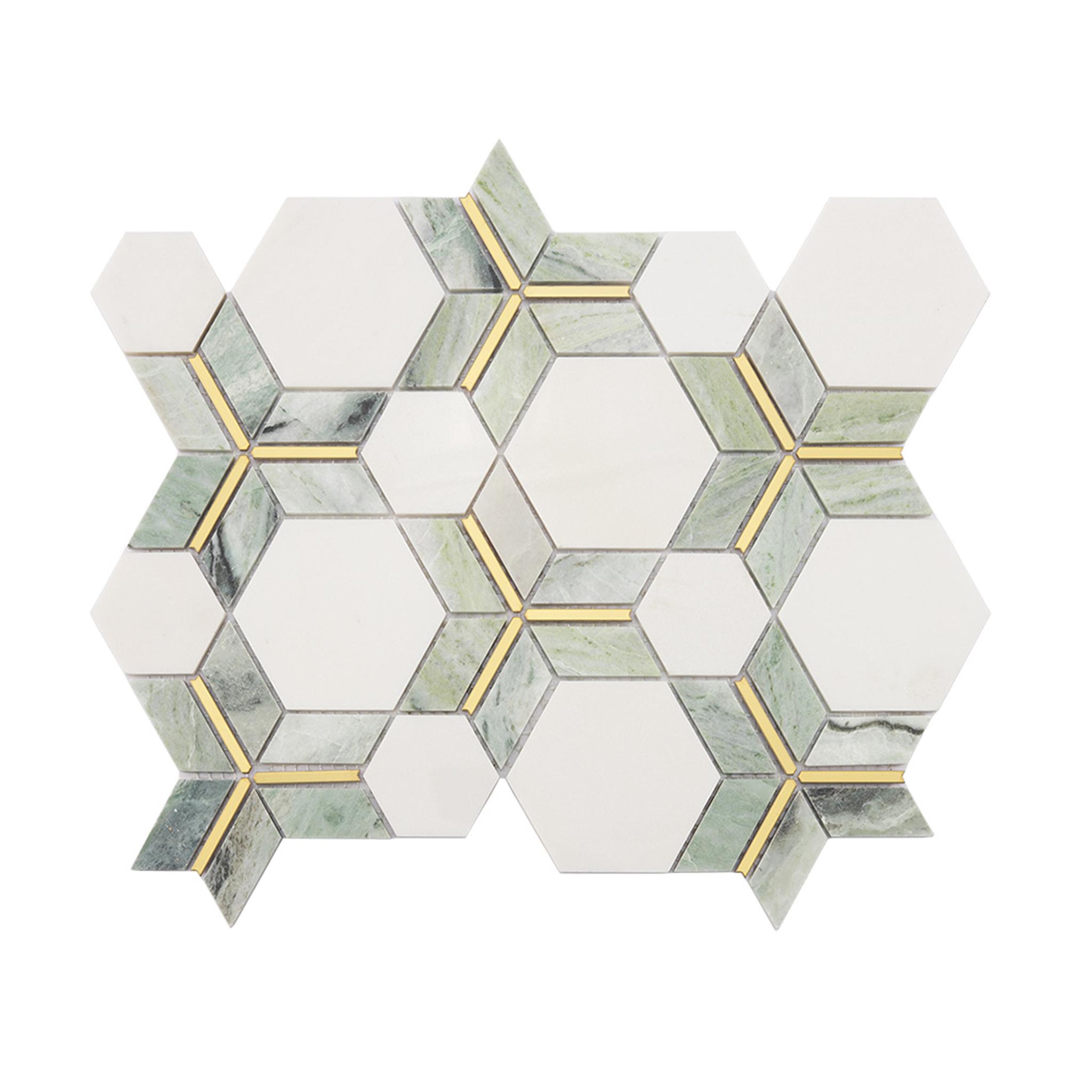 Green and White Hexagon Marble Mosaic Tile with Gold Metal Line — mosaic lục giác bằng đá marble trắng & xanh lục