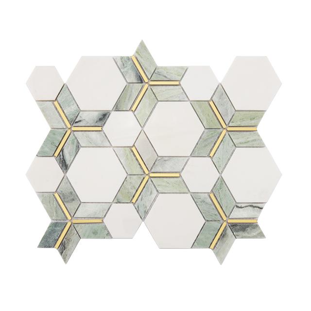 White Hexagon & Green Rhombus Marble Mosaic with Gold Star Accent — Rochelle Rochelle Stone