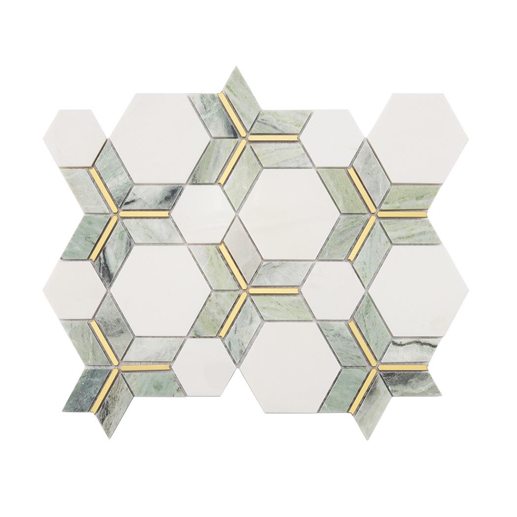Green and White Hexagon Marble Mosaic Tile with Gold Metal Line — mosaic lục giác bằng đá marble trắng & xanh lục
