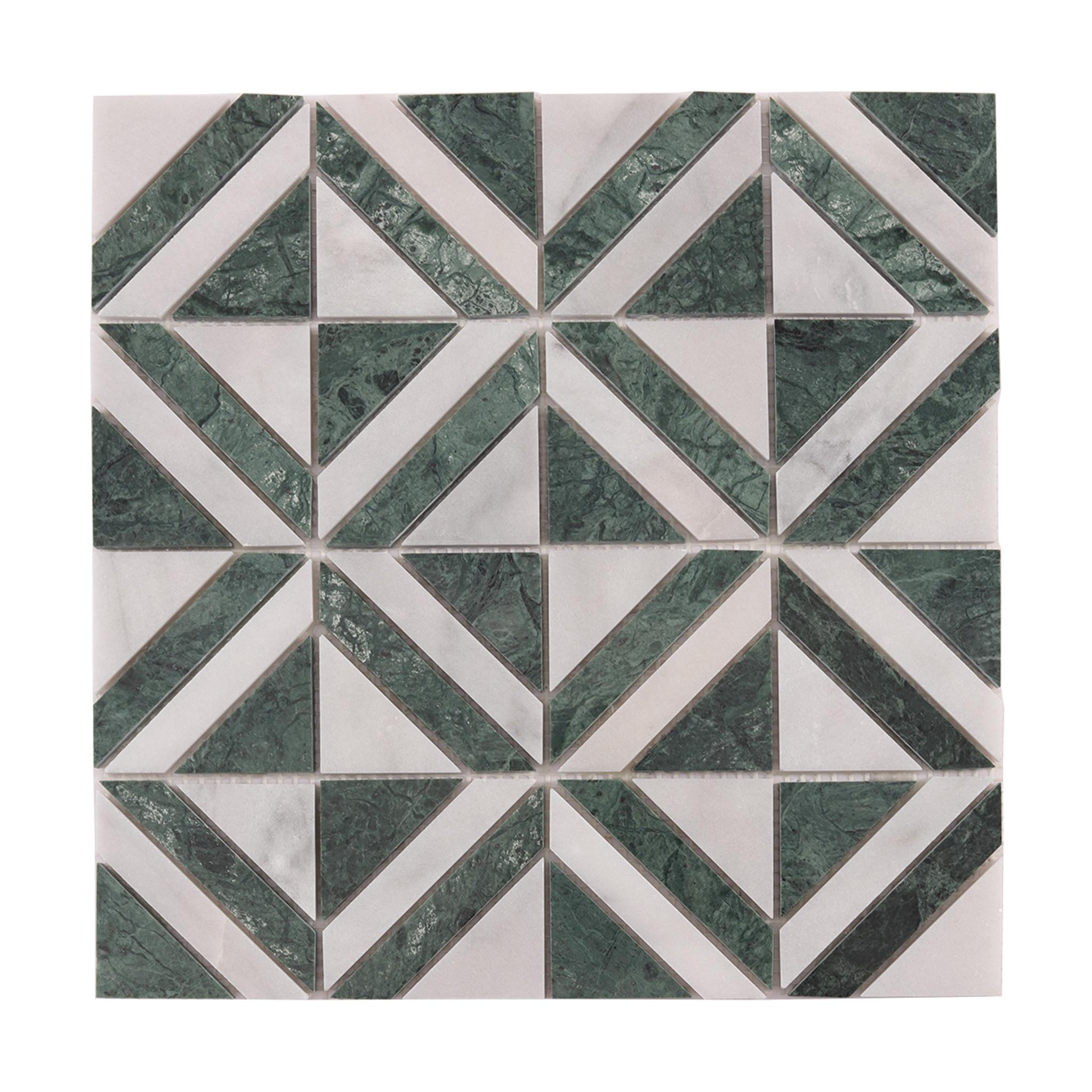 Green and White Triangle Marble Mosaic Tiles — mosaic ghép nghệ thuật bằng đá marble trắng & xanh lục