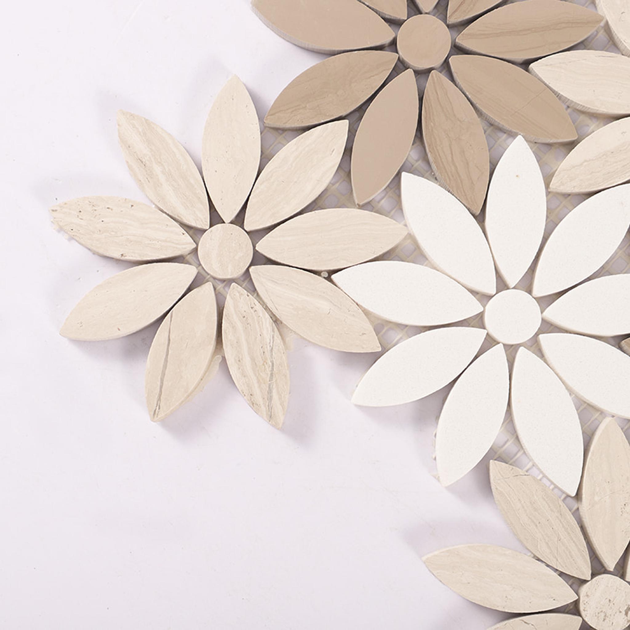 Wooden Beige and White Flower Marble Mosaic Tile — mosaic hoa văn waterjet bằng đá marble trắng & beige