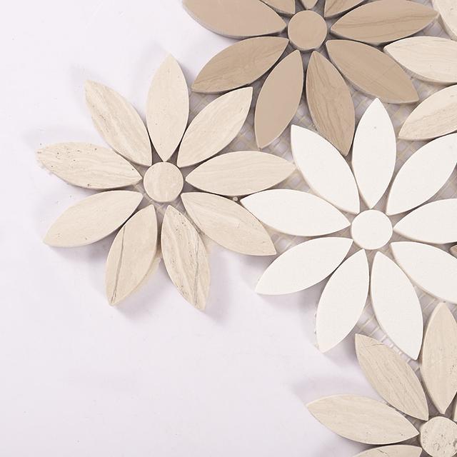 Wooden Beige and White Flower Marble Mosaic Tile — mosaic hoa văn waterjet bằng đá marble trắng & beige