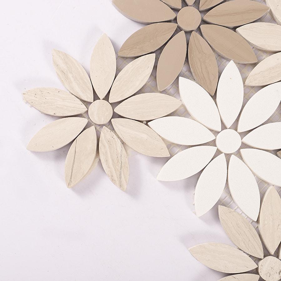 Wooden Beige and White Flower Marble Mosaic Tile — mosaic hoa văn waterjet bằng đá marble trắng & beige