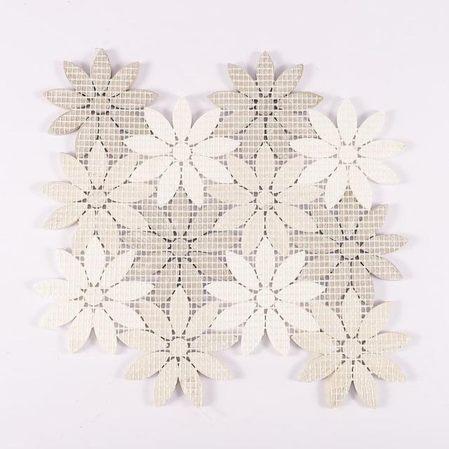 Wooden Beige and White Flower Marble Mosaic Tile — mosaic hoa văn waterjet bằng đá marble trắng & beige