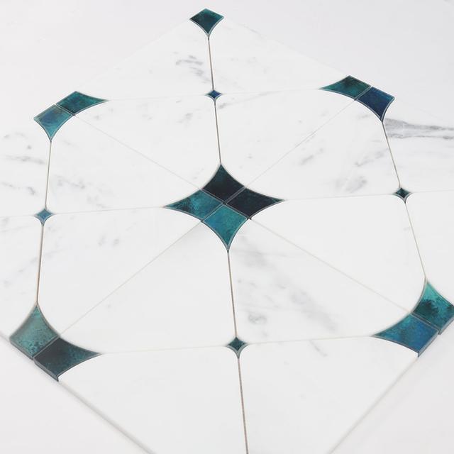 White Marble and Blue Glass Waterjet Mosaic Tile — mosaic hoa văn waterjet bằng đá marble trắng & xanh dương