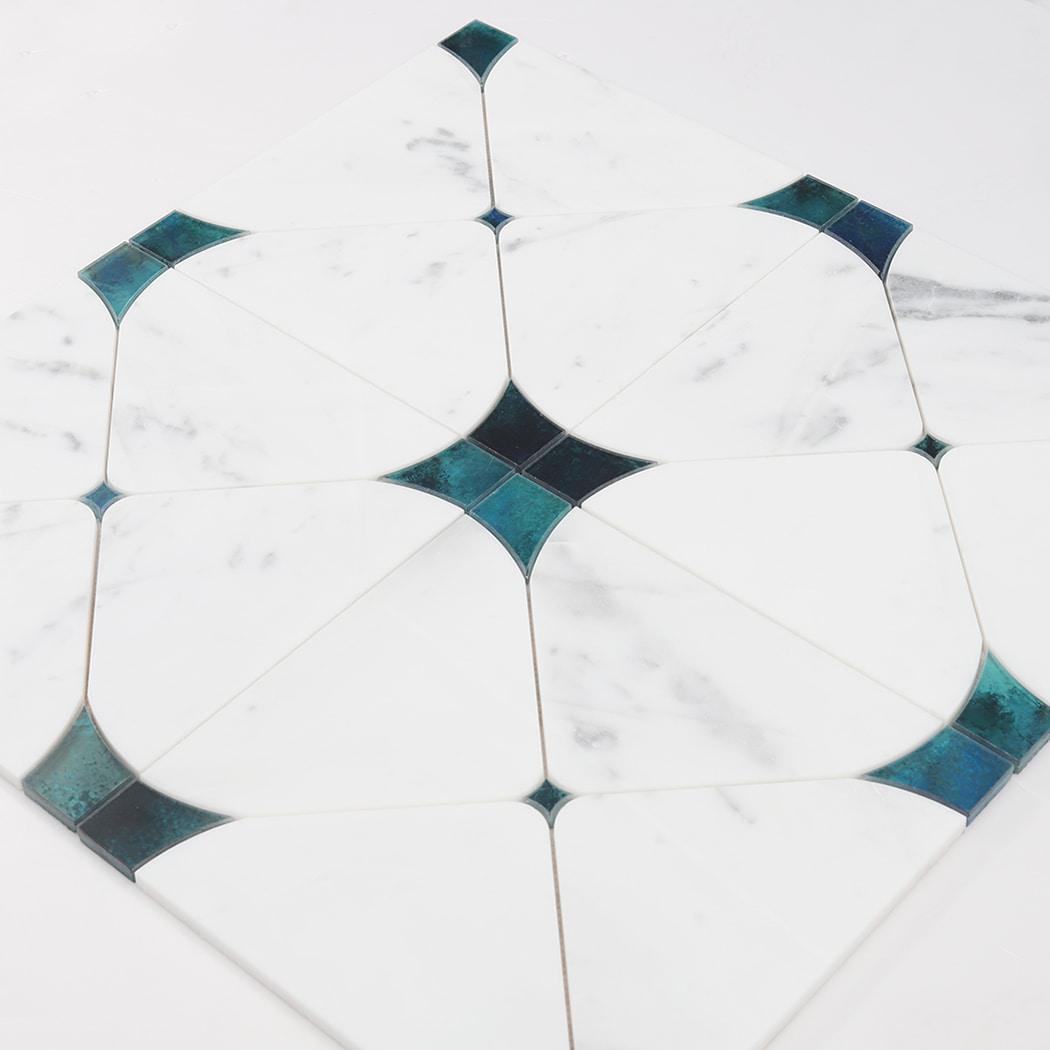 White Marble and Blue Glass Waterjet Mosaic Tile — mosaic hoa văn waterjet bằng đá marble trắng & xanh dương