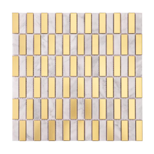 White Marble and Gold Metal Checkerboard Mosaic Tiles — mosaic ghép nghệ thuật bằng đá marble trắng & vàng