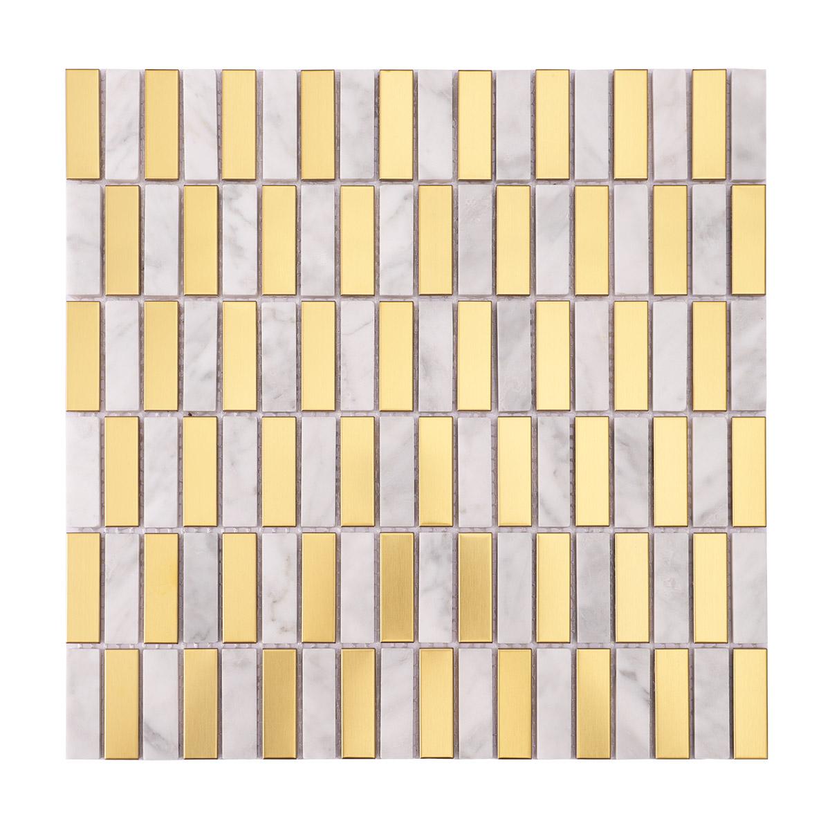 White Marble and Gold Metal Checkerboard Mosaic Tiles — mosaic ghép nghệ thuật bằng đá marble trắng & vàng