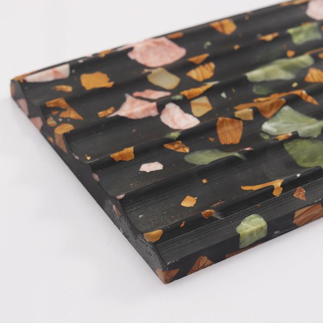 3D Black Terrazzo Fluted Tile with Colorful Stone Fragments — mosaic rãnh sọc (fluted) bằng đá terrazzo đen