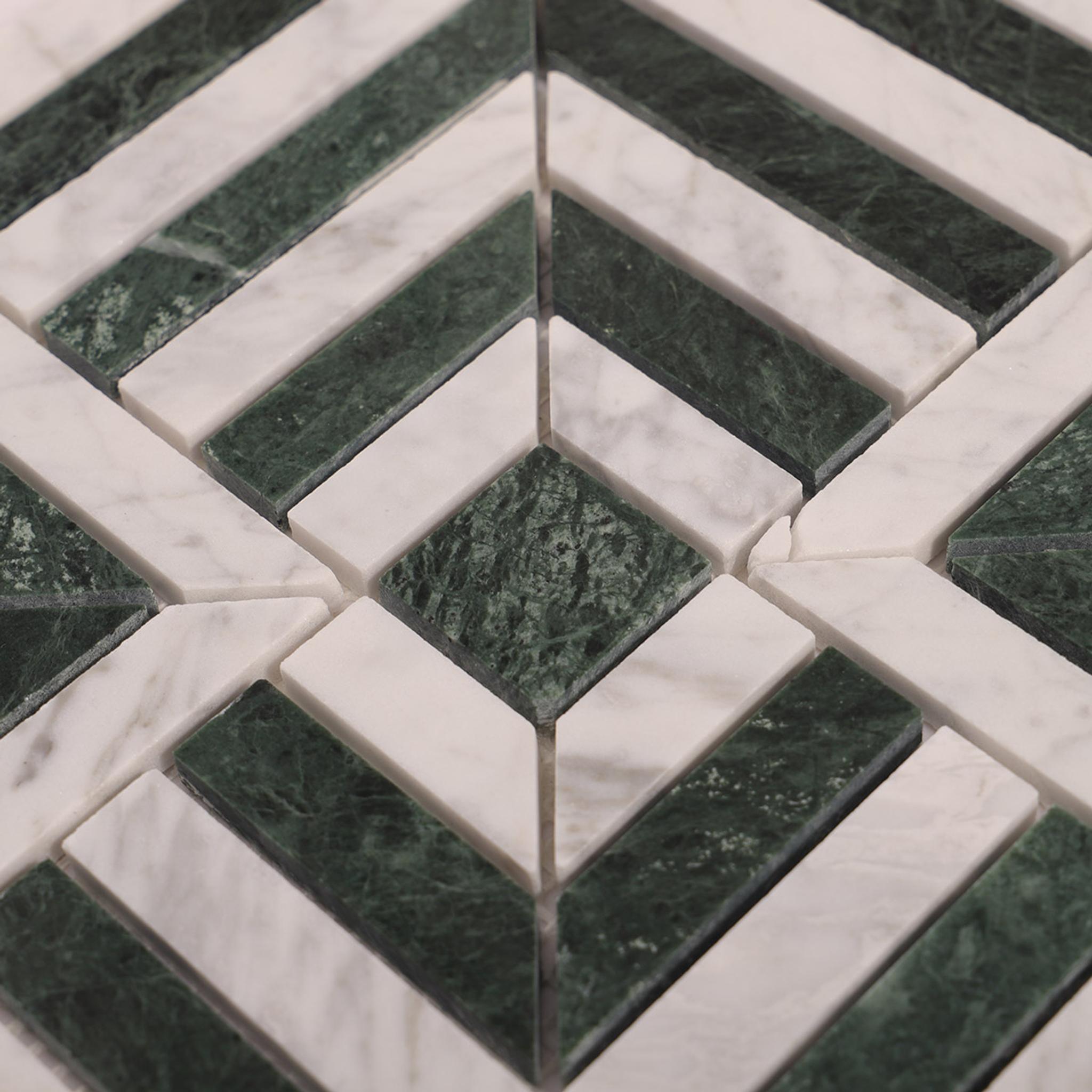 Carrara White and Verde Green Geometric Marble Mosaic Tiles — mosaic ghép nghệ thuật bằng đá marble trắng & xanh lục