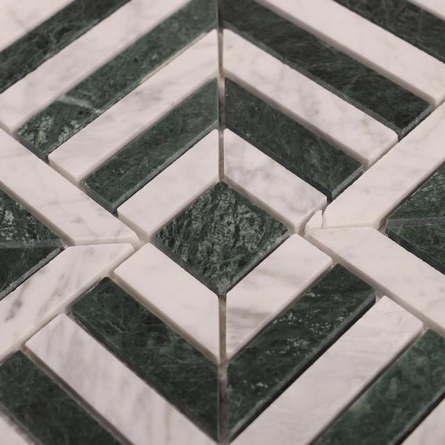 Carrara White and Verde Green Geometric Marble Mosaic Tiles — mosaic ghép nghệ thuật bằng đá marble trắng & xanh lục