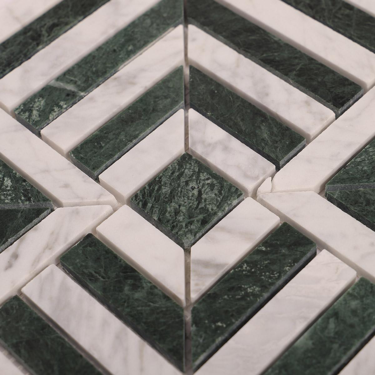 Carrara White and Verde Green Geometric Marble Mosaic Tiles — mosaic ghép nghệ thuật bằng đá marble trắng & xanh lục