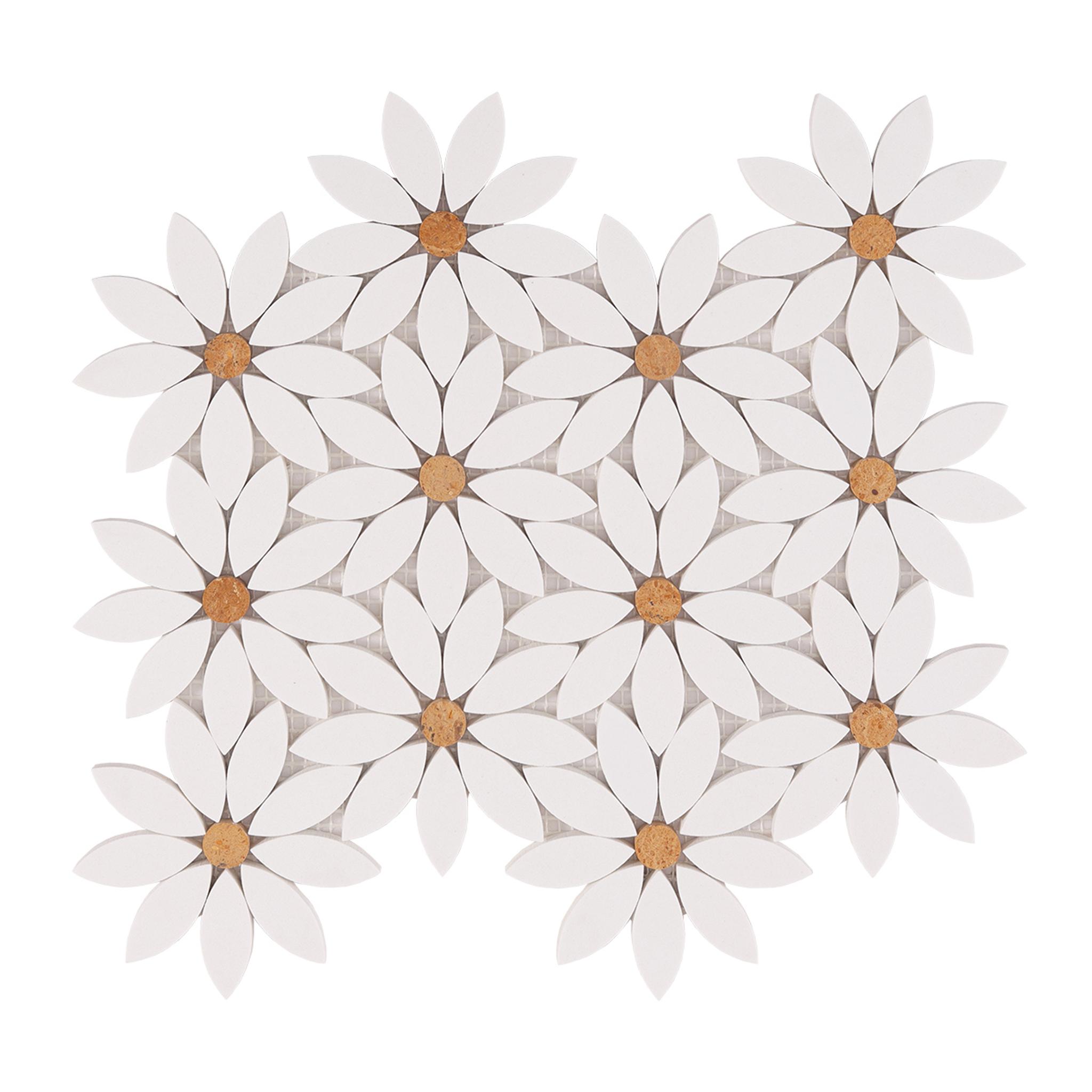 White Waterjet Sunflower Marble Mosaic Tile — mosaic hoa văn waterjet bằng đá marble trắng