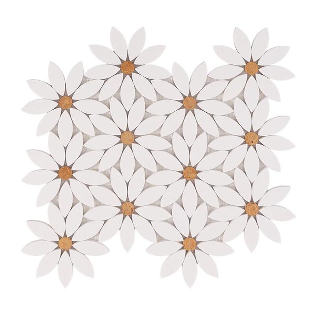 White and Golden Waterjet Sunflower Marble Mosaic Tile — Rochelle Rochelle Stone