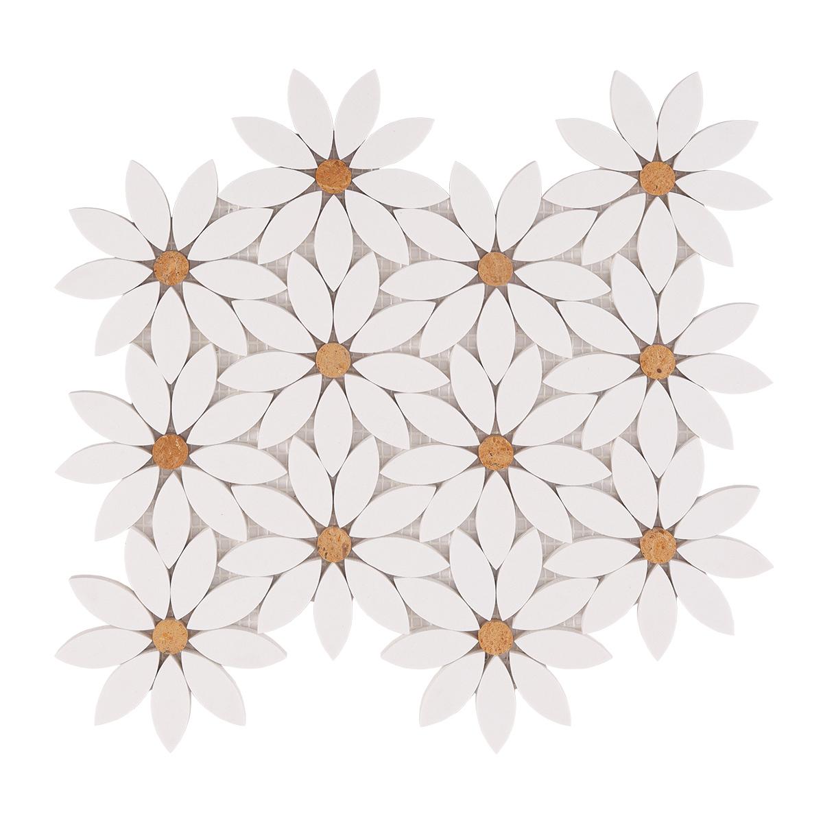 White Waterjet Sunflower Marble Mosaic Tile — mosaic hoa văn waterjet bằng đá marble trắng