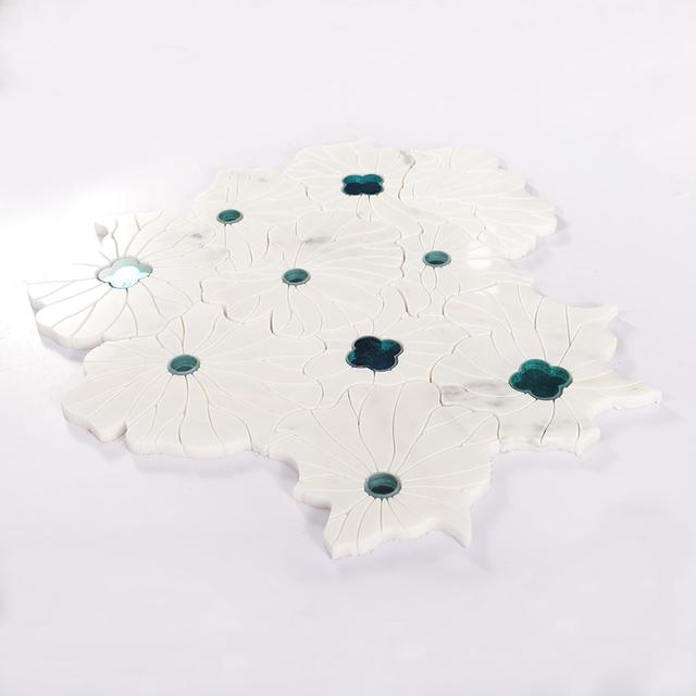 Waterjet Marble with Glass Flower Mosaic Tile — mosaic hoa văn waterjet bằng đá marble tự nhiên