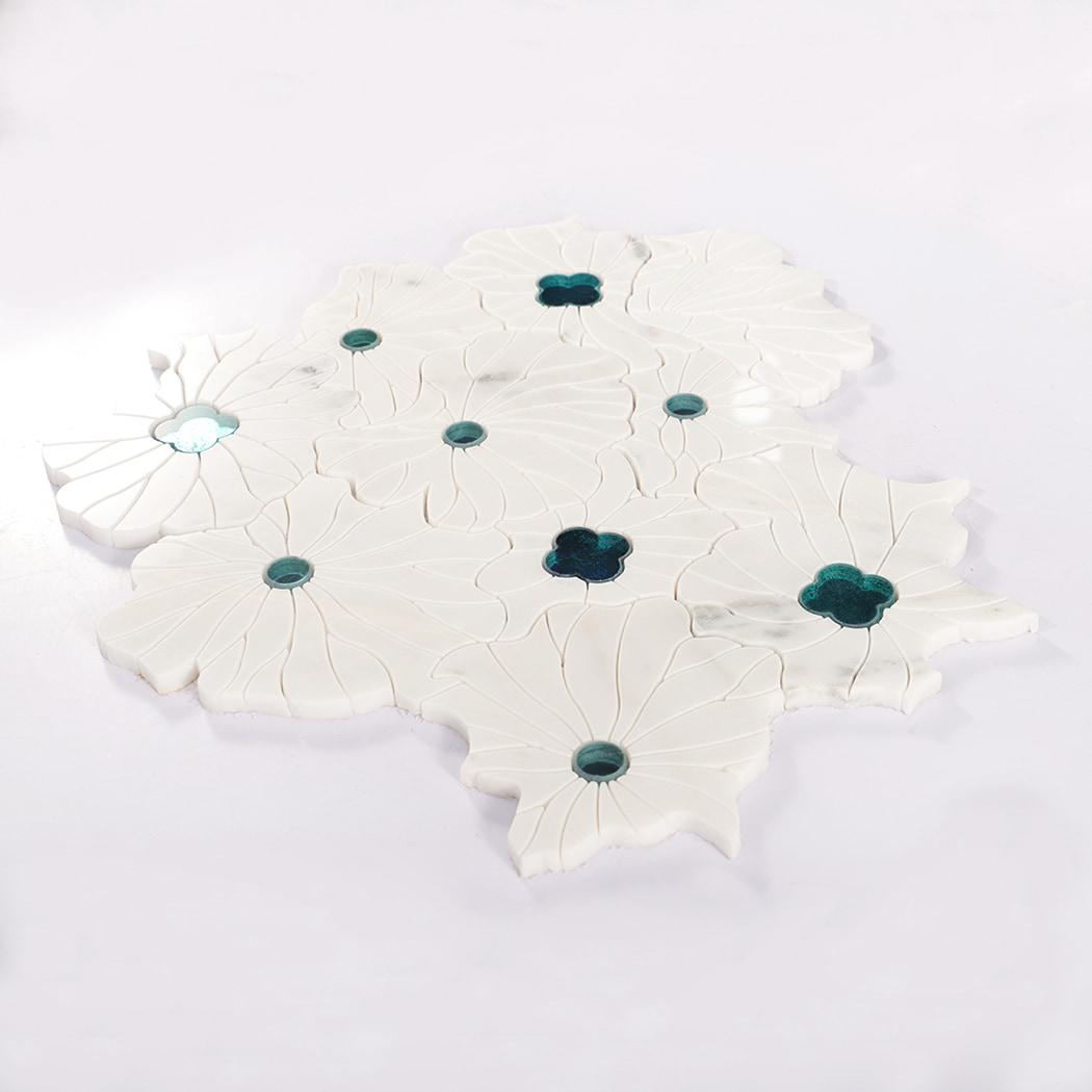 Waterjet Marble with Glass Flower Mosaic Tile — mosaic hoa văn waterjet bằng đá marble tự nhiên
