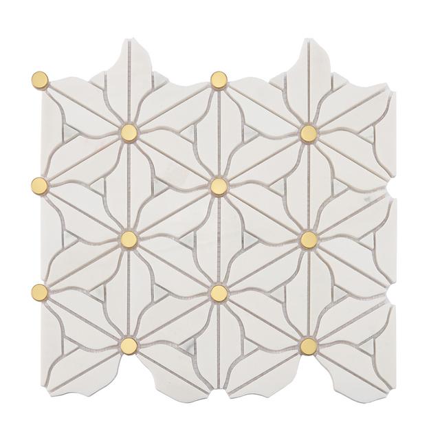 White Daisy Marble Mosaic Tile with Gold Metal Dot Accents — mosaic ghép nghệ thuật bằng đá marble trắng & vàng
