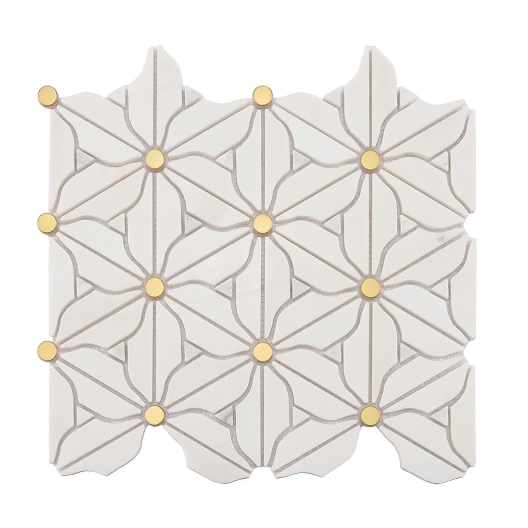 White Daisy Marble Mosaic Tile with Gold Metal Dot Accents — mosaic ghép nghệ thuật bằng đá marble trắng & vàng