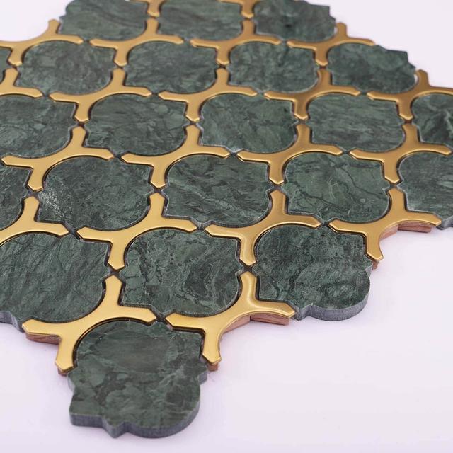 Arabesque Green Marble and Gold Metal Mosaic Tile — mosaic arabesque bằng đá marble xanh lục & vàng