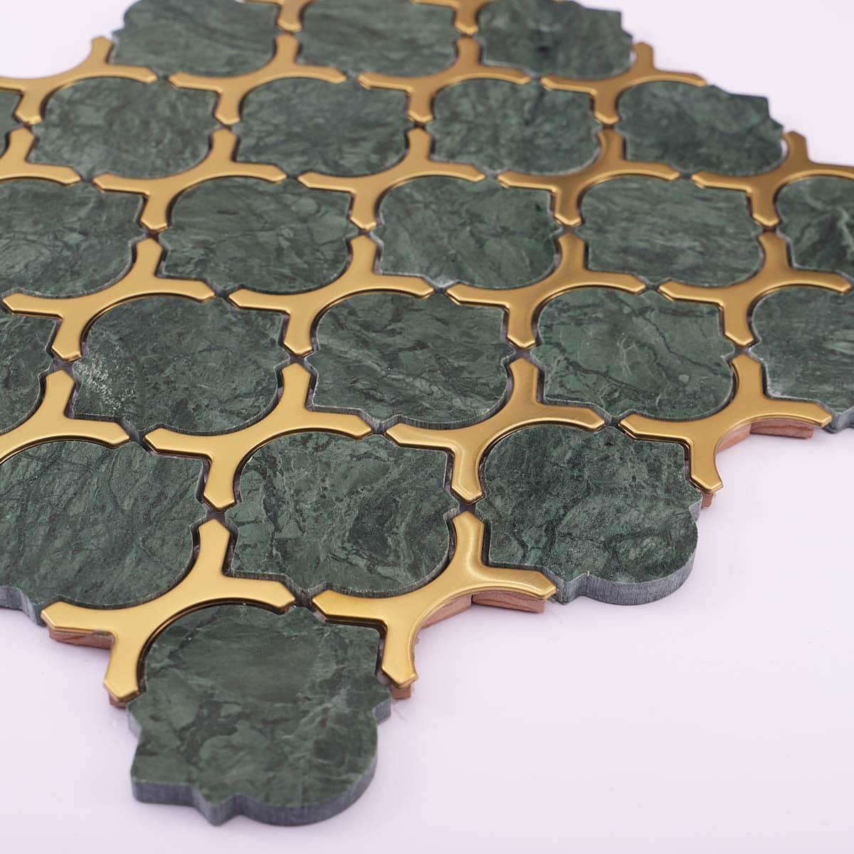 Arabesque Green Marble and Gold Metal Mosaic Tile — mosaic arabesque bằng đá marble xanh lục & vàng