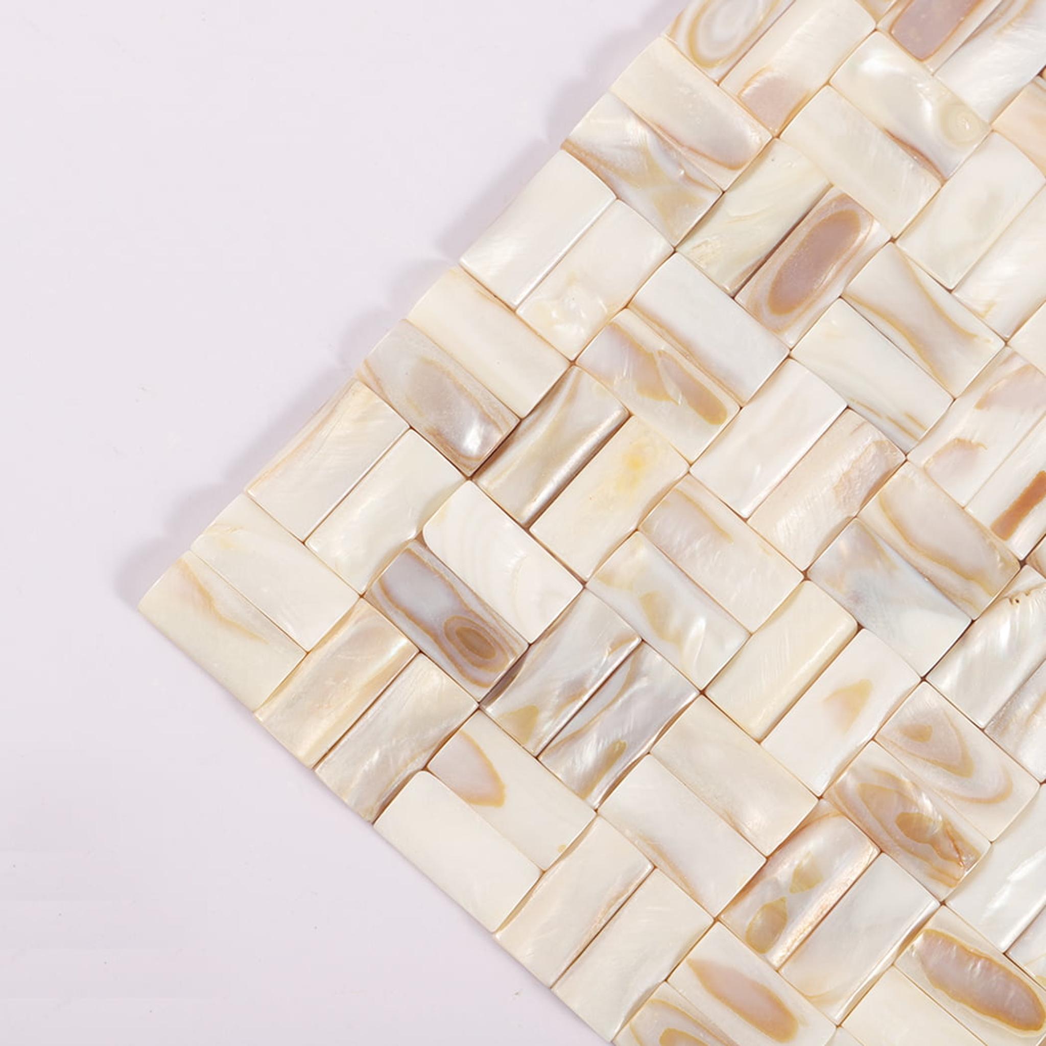 3D Beige Mother of Pearl Basket Weave Mosaic Tile — mosaic đan rổ (basketweave) bằng xà cừ beige