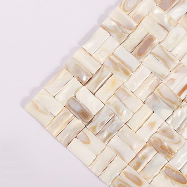 3D Beige Mother of Pearl Basket Weave Mosaic Tile — mosaic đan rổ (basketweave) bằng xà cừ beige