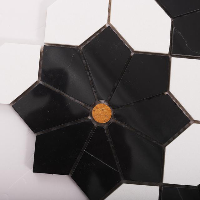White and Black Geometric Floral Marble Mosaic Tiles — mosaic hoa văn waterjet bằng đá marble đen & trắng
