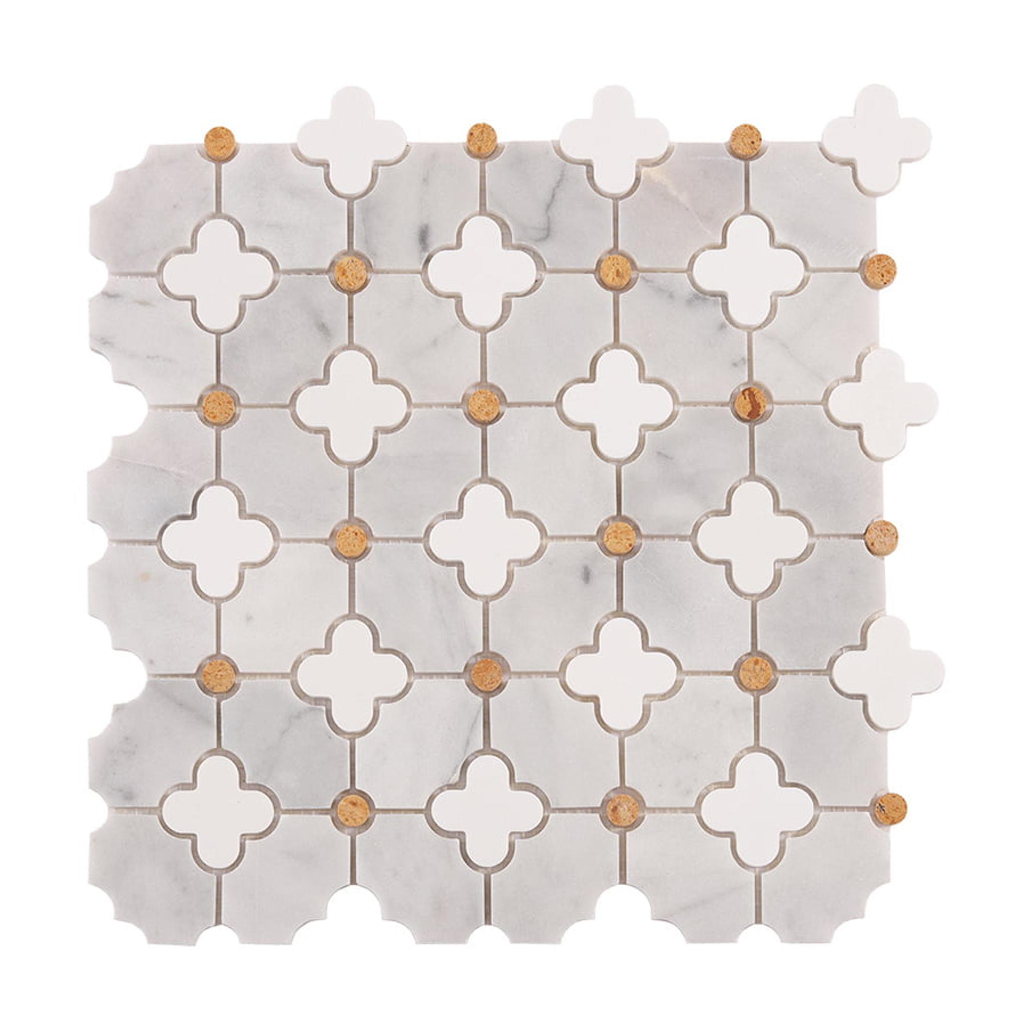 Gray and White Flower Waterjet Marble Mosaic Tiles — mosaic hoa văn waterjet bằng đá marble trắng & xám