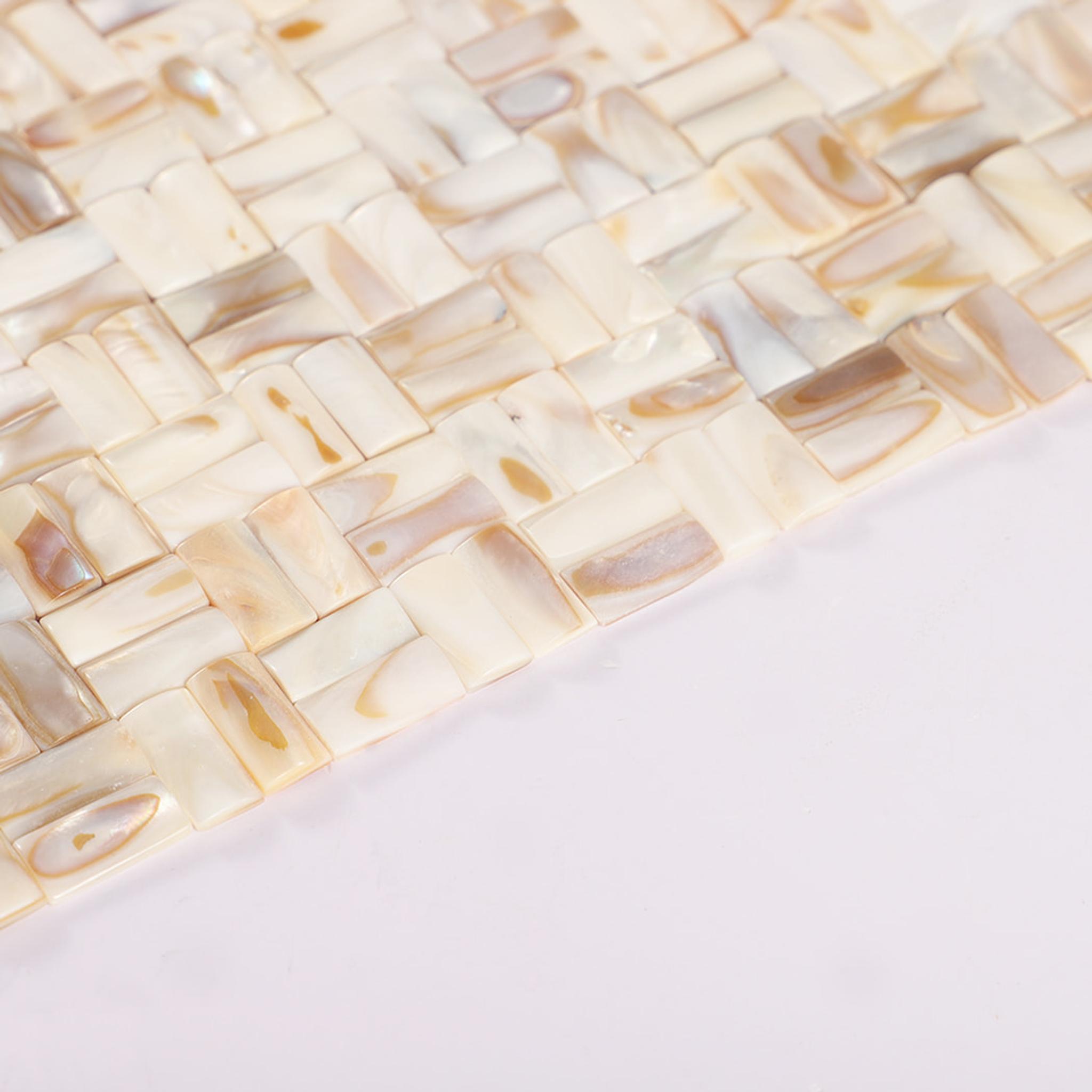 3D Beige Mother of Pearl Basket Weave Mosaic Tile — mosaic đan rổ (basketweave) bằng xà cừ beige