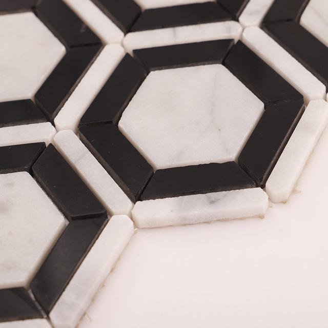 Carrara White and Black Hexagon Geometric Marble Mosaic Tiles — mosaic lục giác bằng đá marble đen & trắng