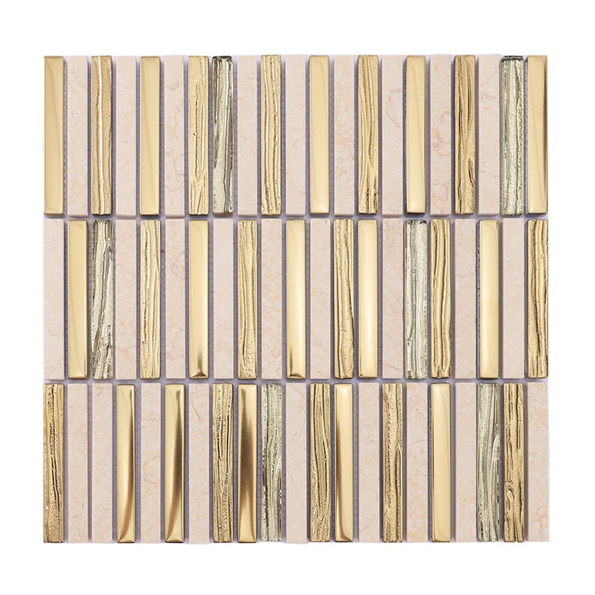 Gold Glass and Beige Marble Stack Linear Mosaic Tile for Kitchen an… — mosaic thanh dài (linear) bằng đá marble beige & vàng