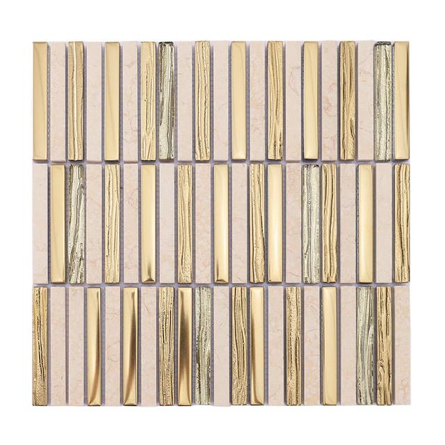 Gold Glass and Beige Marble Stack Linear Mosaic Tile for Kitchen an… — mosaic thanh dài (linear) bằng đá marble beige & vàng