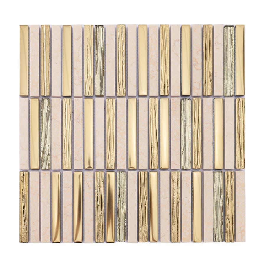 Gold Glass and Beige Marble Stack Linear Mosaic Tile for Kitchen an… — mosaic thanh dài (linear) bằng đá marble beige & vàng