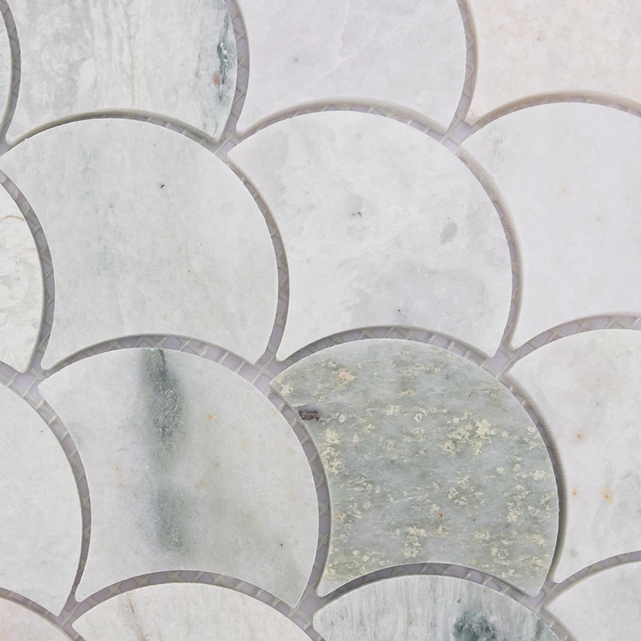 Green Fish Scale Marble Mosaic Shower Wall Tile — mosaic vảy cá (fish scale) bằng đá marble xanh lục
