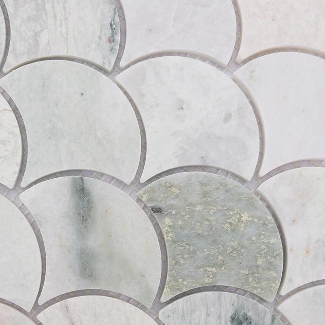Green Fish Scale Marble Mosaic Shower Wall Tile — mosaic vảy cá (fish scale) bằng đá marble xanh lục