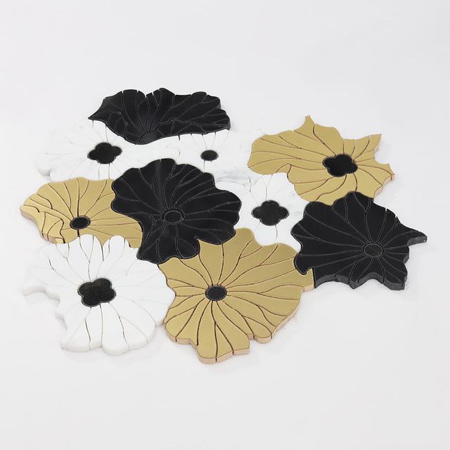Marble and Brass Waterjet Flower Tile with Glass Decorate Mosaic Art — mosaic hoa văn waterjet bằng đá marble tự nhiên