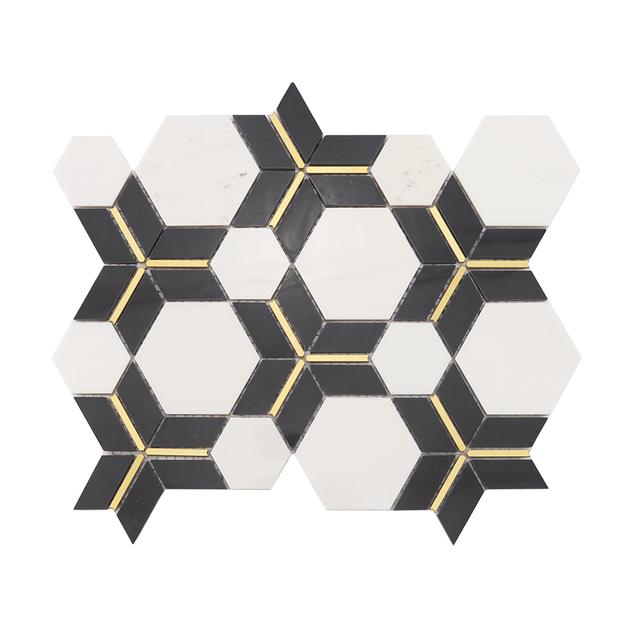 Black and White Hexagon Marble with Gold Accents — mosaic lục giác bằng đá marble đen & trắng điểm vàng
