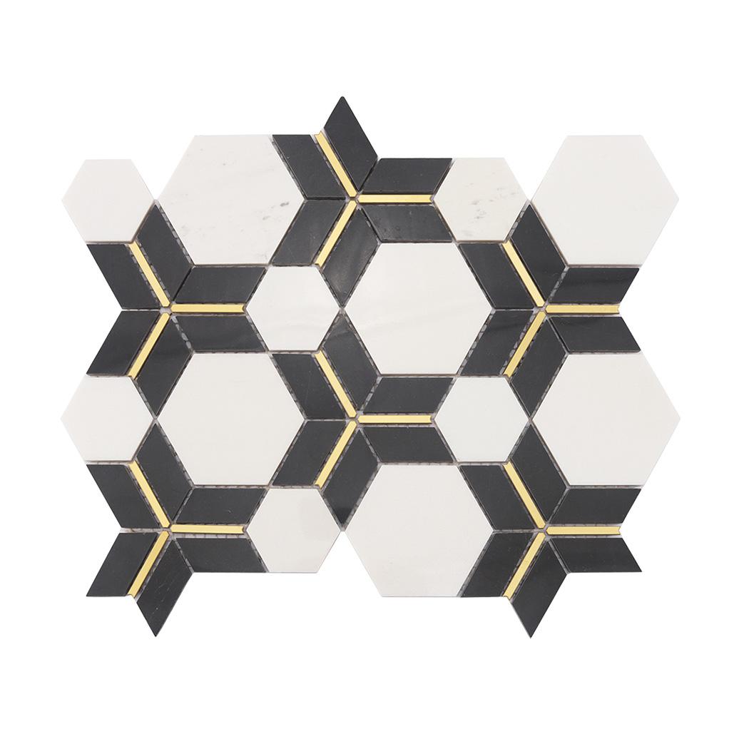 Black and White Hexagon Marble with Gold Accents — mosaic lục giác bằng đá marble đen & trắng điểm vàng