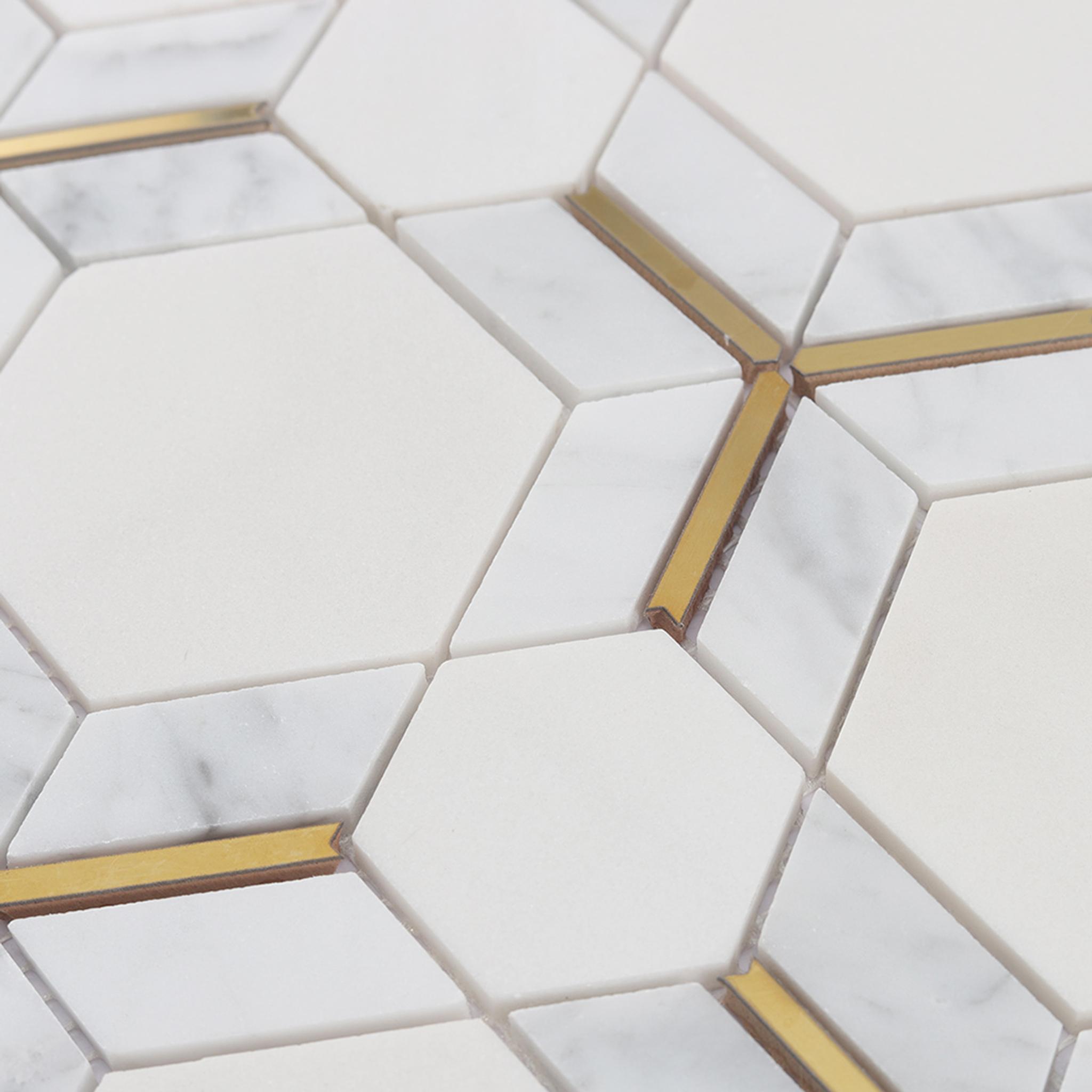 White Hexagon Marble Mosaic Tile with Gold Metal Line Inserts — mosaic lục giác bằng đá marble trắng & vàng
