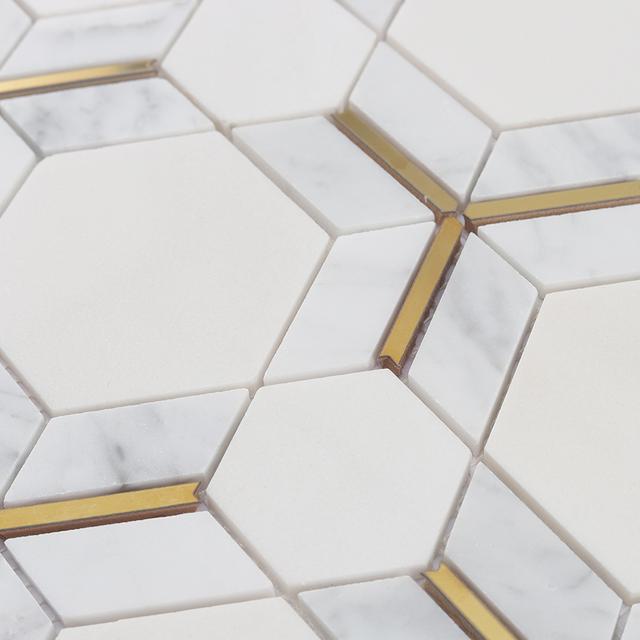 White Hexagon Marble Mosaic Tile with Gold Metal Line Inserts — mosaic lục giác bằng đá marble trắng & vàng
