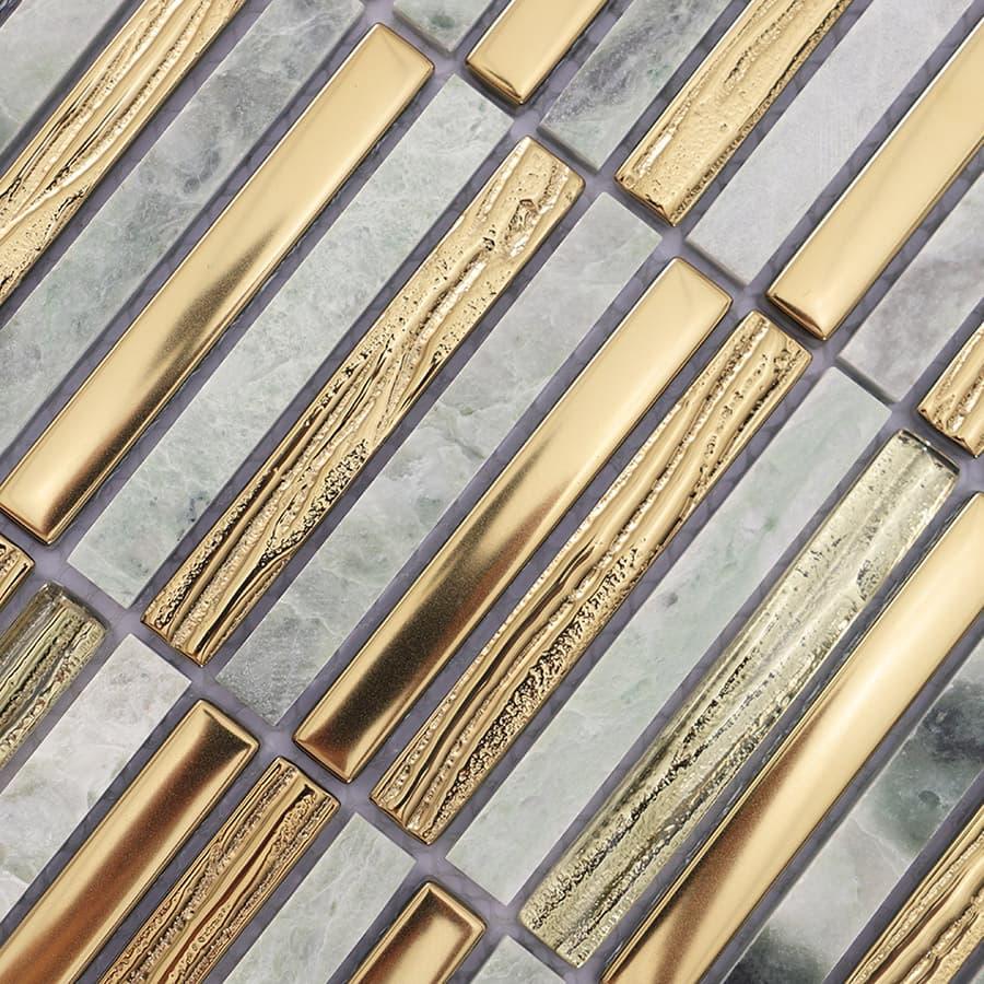 Gold Glass and Green Marble Mosaic Strip Tile — mosaic thanh dài (linear) bằng đá marble xanh lục & vàng