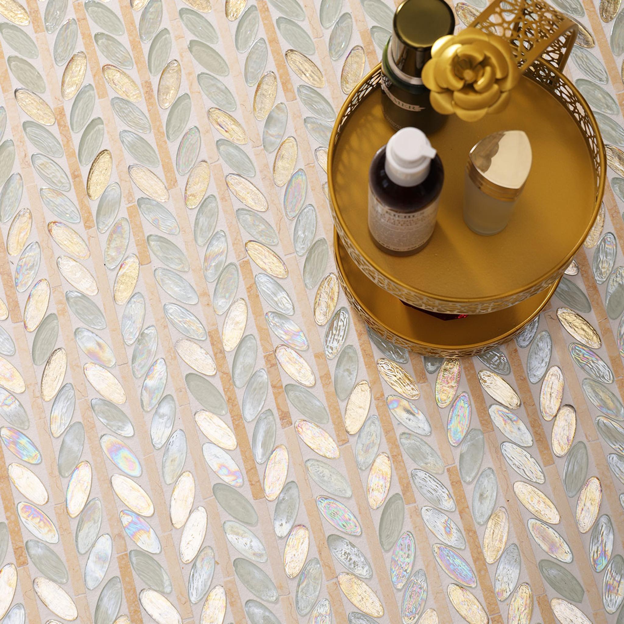 Glass and Marble Oval Leaf Mosaic Tiles — mosaic ghép nghệ thuật bằng đá marble đỏ