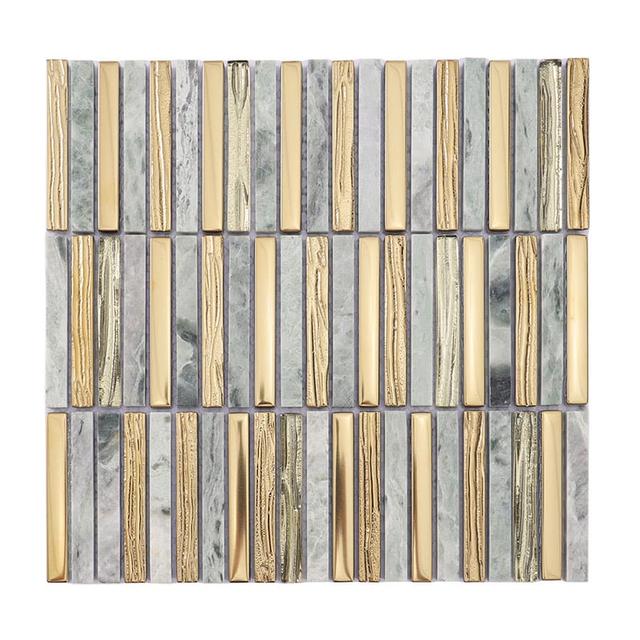 Gold Glass and Green Marble Mosaic Strip Tile — mosaic thanh dài (linear) bằng đá marble xanh lục & vàng