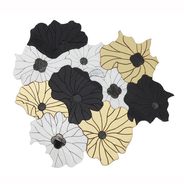 Marble and Brass Waterjet Flower Tile with Glass Decorate Mosaic Art — mosaic hoa văn waterjet bằng đá marble tự nhiên