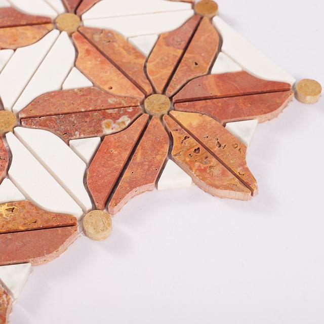 Red Travertine and White Flower Marble Floor Tile — mosaic hoa văn waterjet bằng đá travertine trắng & đỏ