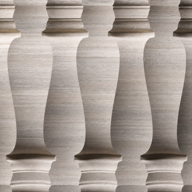 Vách đá 3D Palladio RV7 — biến thể chế tác từ đá Travertino Silver (travertine xám bạc), bề mặt con tiện điêu khắc nổi khối