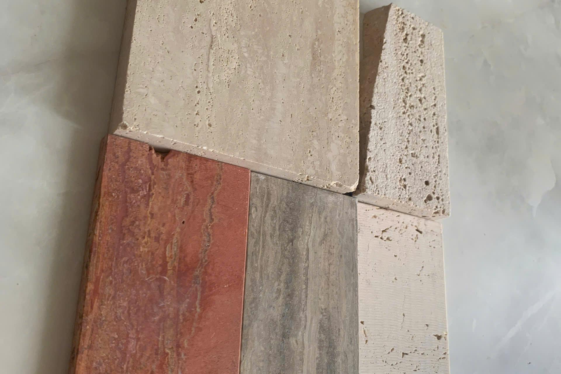 Mẫu đá (bảng màu) — Travertine (kem/đỏ/xám bạc)